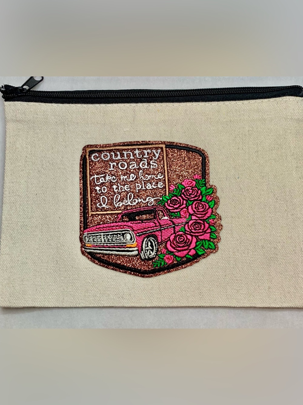 Hand Crafted Cream Canvas Pouch with Pink Car & Rose Patch